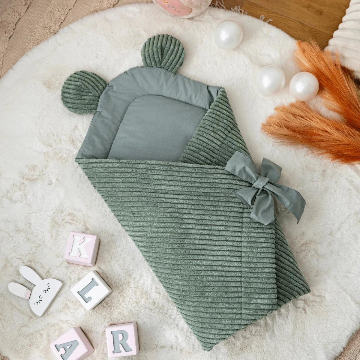 Green Baby Swaddle Wrap with Bear Ears, Ribbed Corduroy & Cotton Lining - Tiny Tugz™