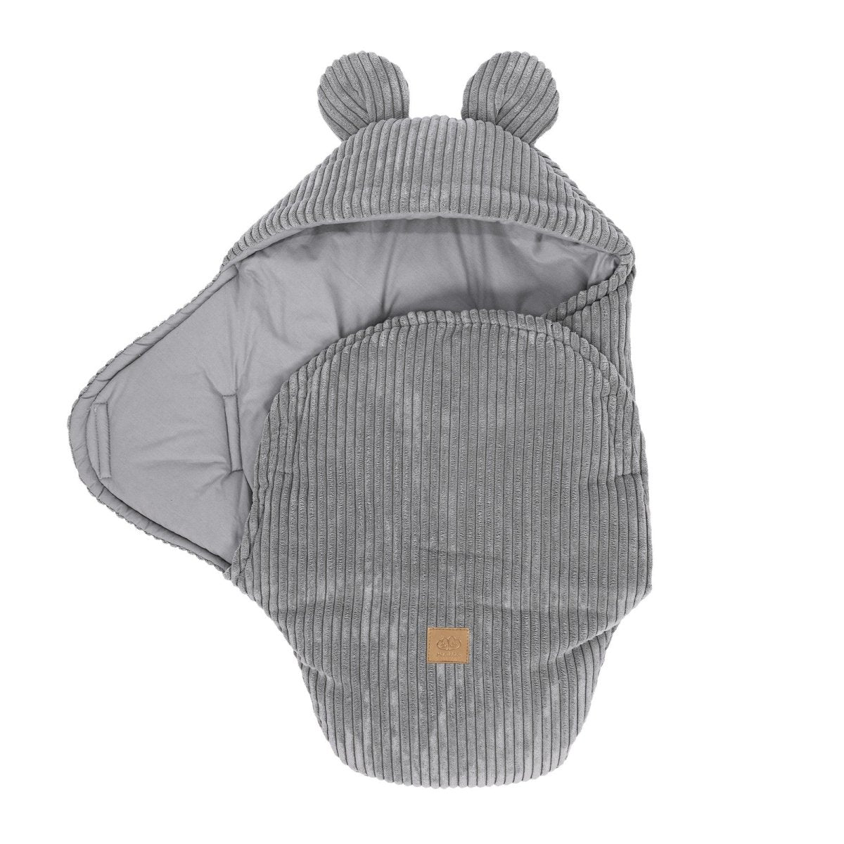 Grey Baby Swaddle with Bear Ears, Ribbed Corduroy & Cotton Lining - Tiny Tugz™
