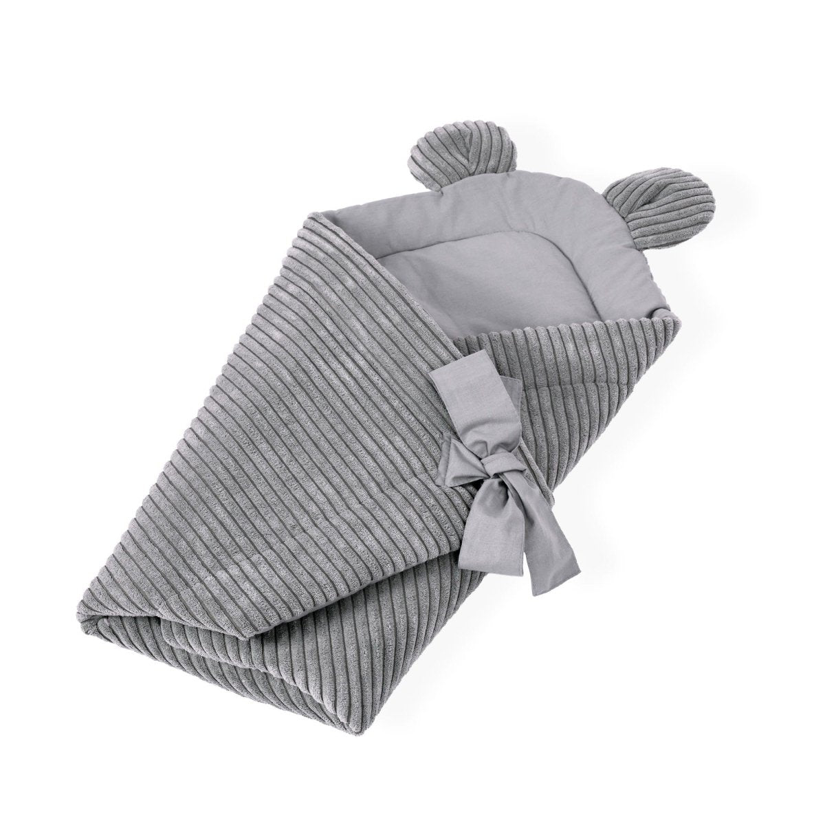 Grey Baby Swaddle Wrap with Bear Ears, Ribbed Corduroy & Cotton Lining - Tiny Tugz™