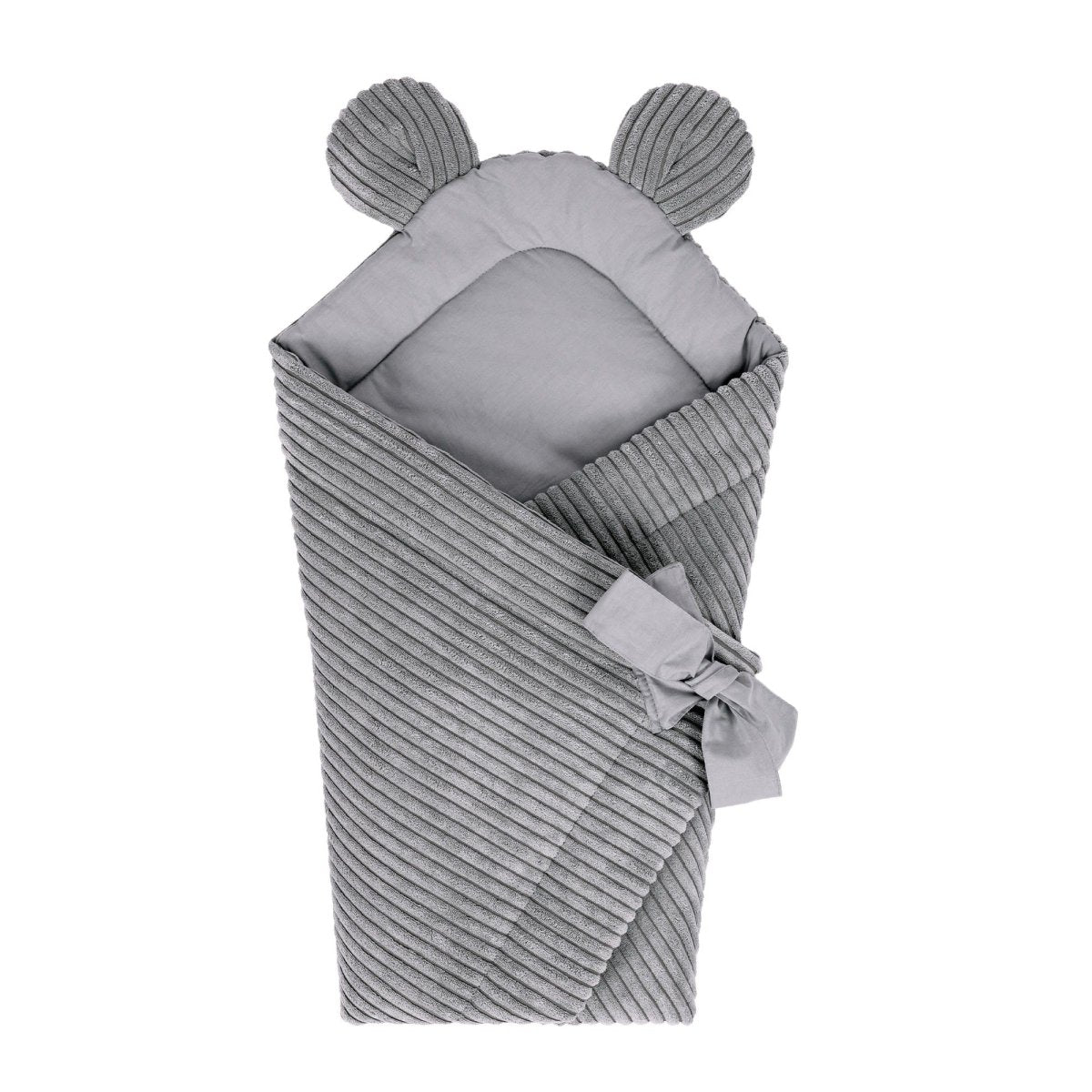 Grey Baby Swaddle Wrap with Bear Ears, Ribbed Corduroy & Cotton Lining - Tiny Tugz™