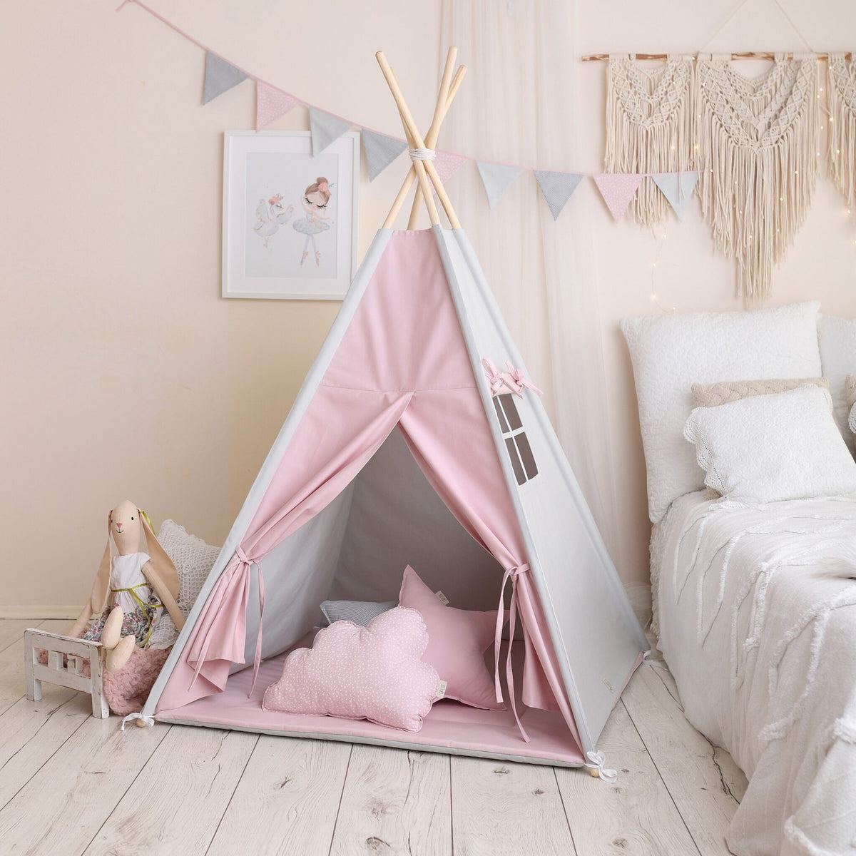 Grey-Pink Teepee Tent – OEKO-TEX® certified cotton teepee tent, handmade in Poland