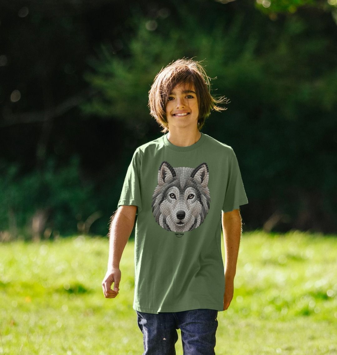 Organic Cotton Kids’ T-Shirt – Mosaic Wolf Design