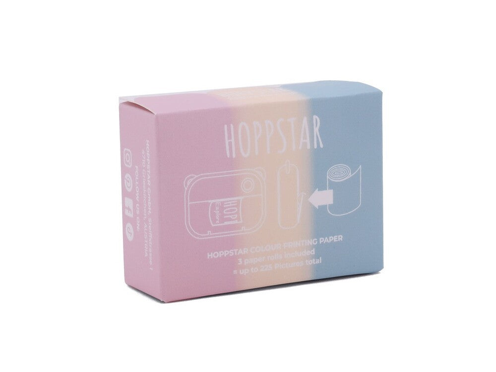 Hoppstar colored paper rolls, three different colors shown