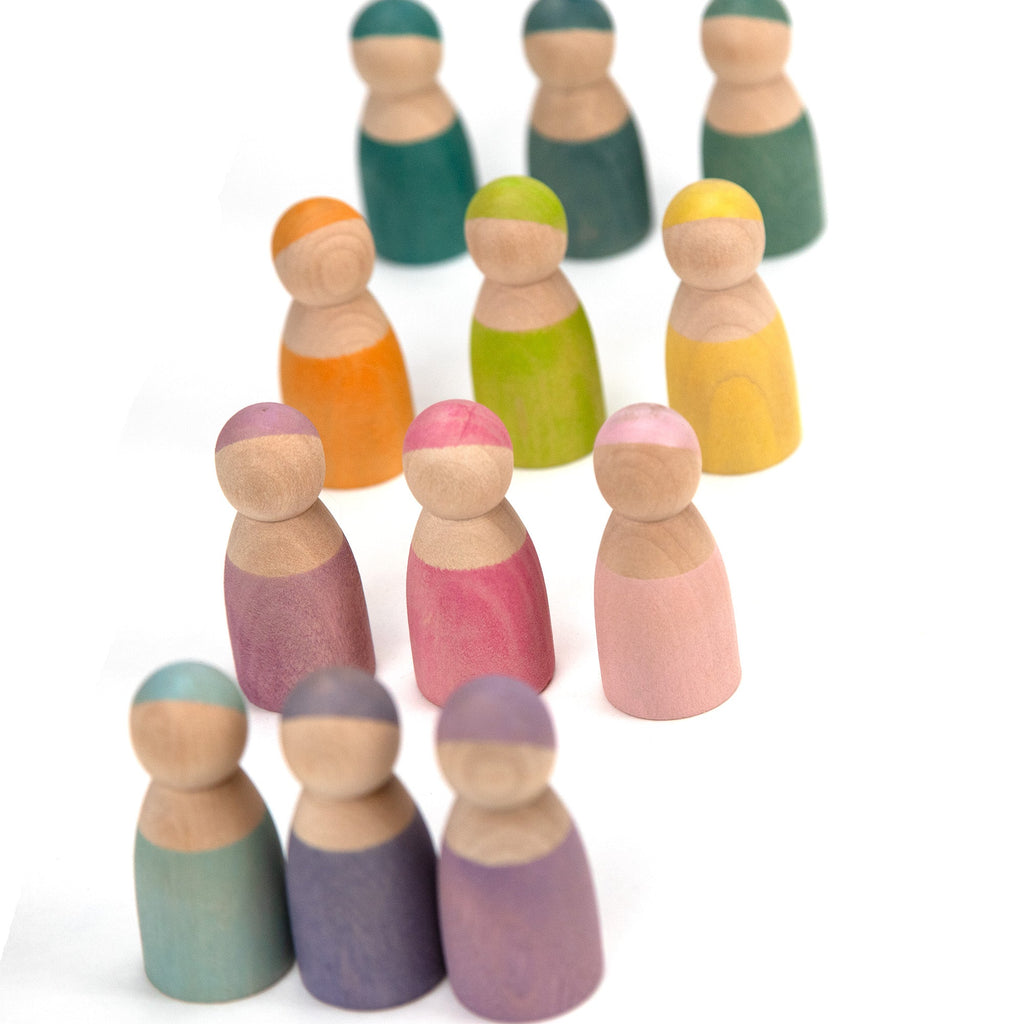 Wooden Toy - 12 Wooden Dolls, Pastel - Montessori Open-Ended Toy