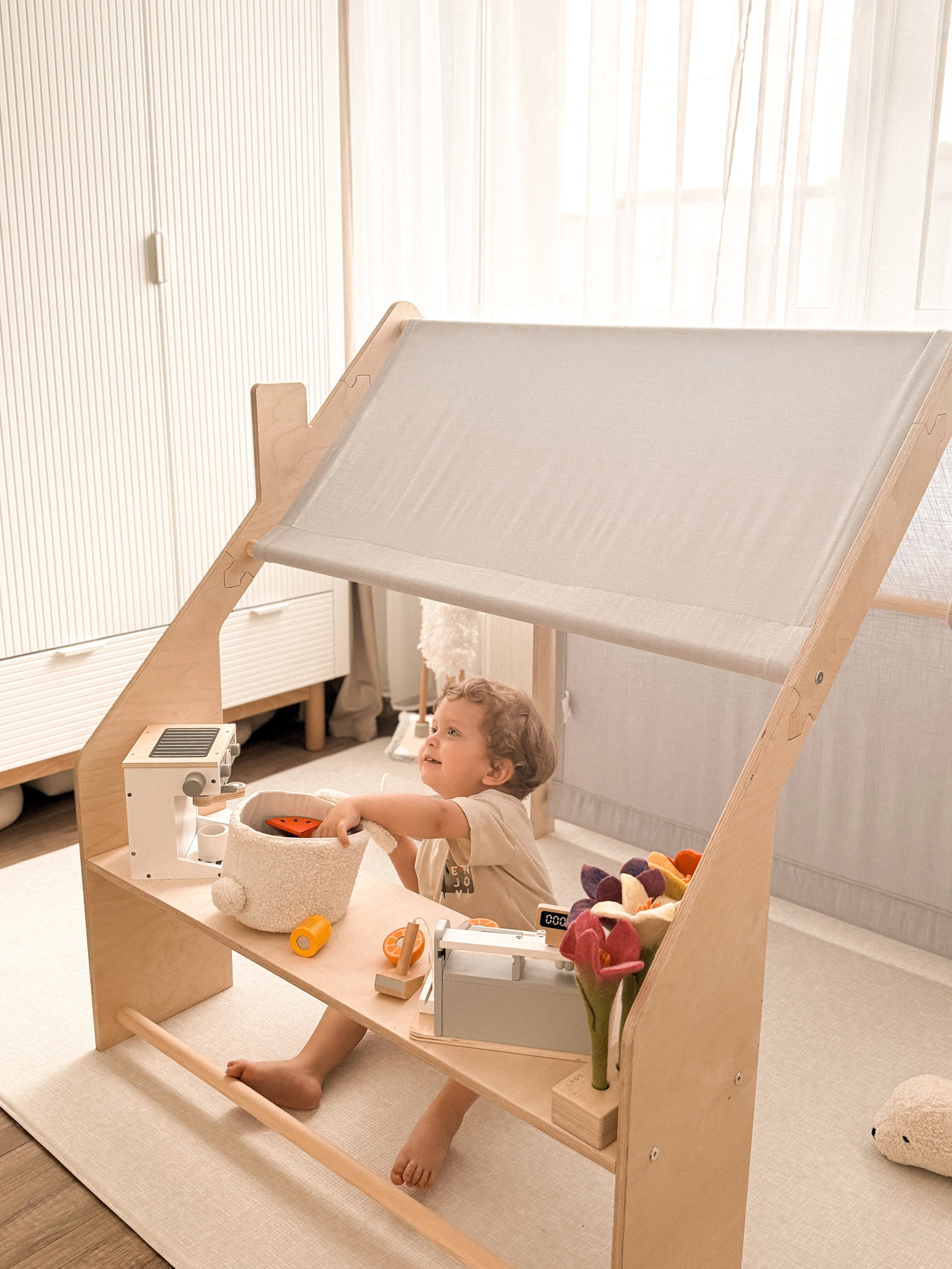 Indoor Wooden Playhouse for Kids (Natural Wood) with Canopy (Pink)