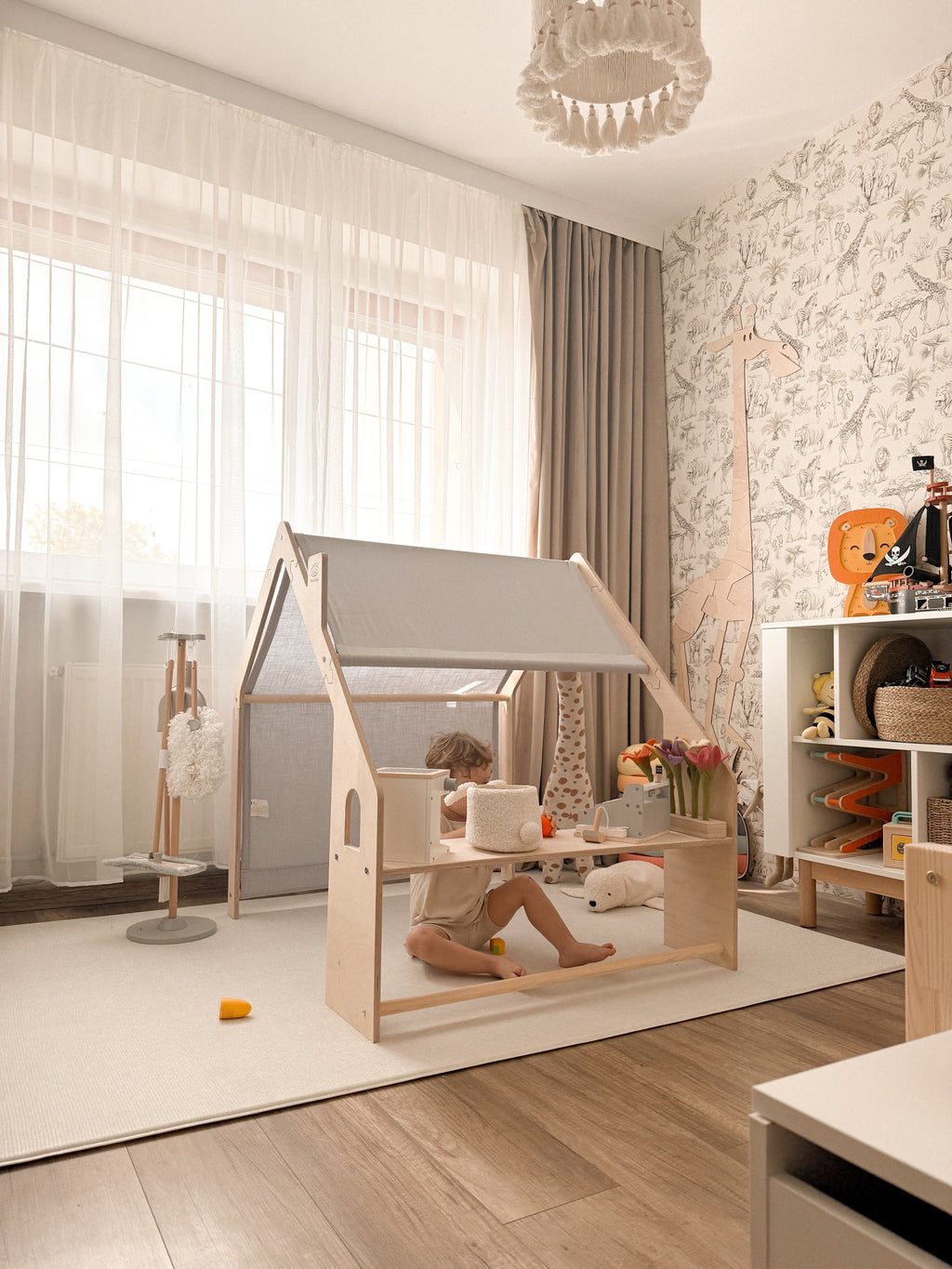 Indoor Wooden Playhouse for Kids (White) with Canopy (Blue)