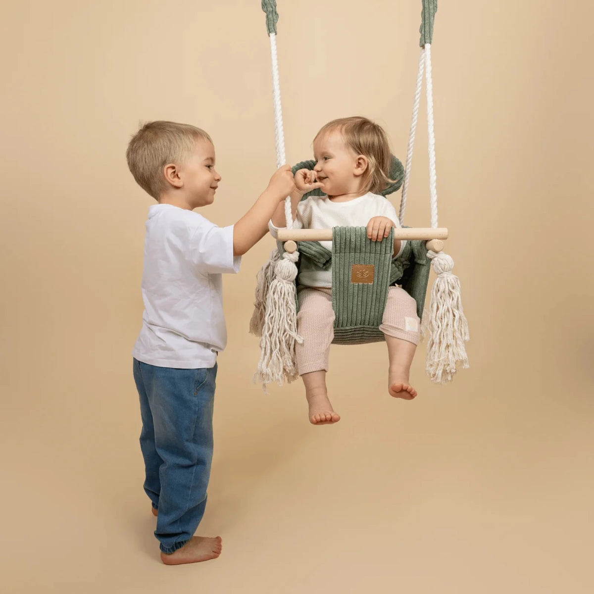 Indoor Baby Swing with Ribbed Corduroy Bear Backrest (Powder Pink) - Tiny Tugz™