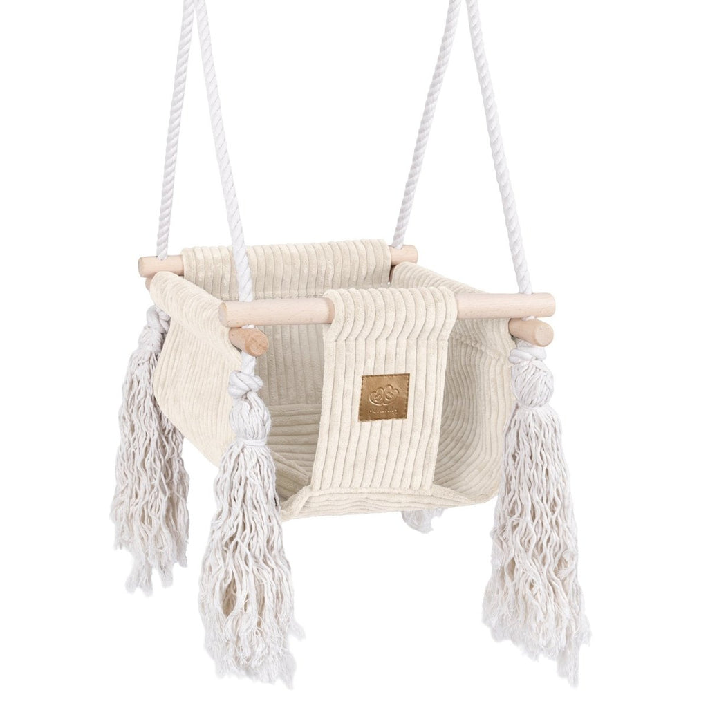Indoor Baby Swing with Square Backrest - Ribbed Corduroy & Wood, from 6 Months (Ecru) - Tiny Tugz™