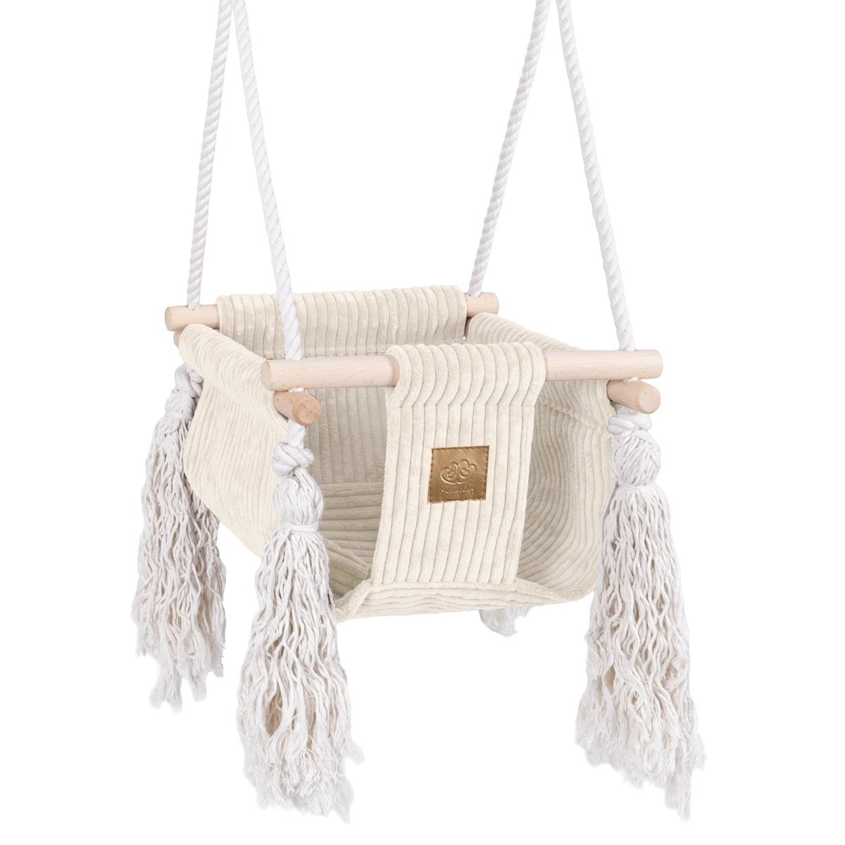Indoor Baby Swing with Square Backrest - Ribbed Corduroy & Wood, from 6 Months (Ecru) - Tiny Tugz™