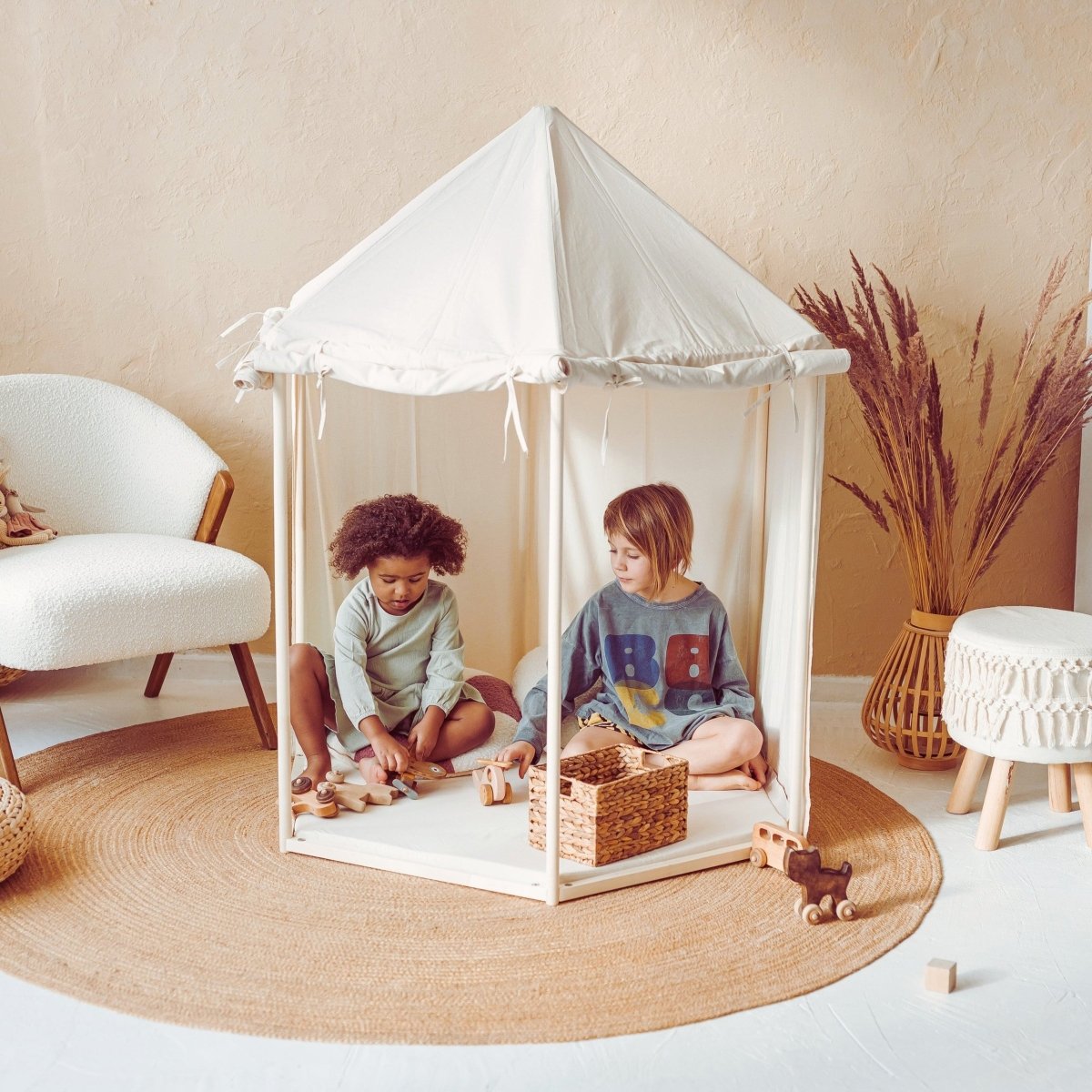 Indoor Pavilion Playhouse Tent - Natural Canvas - Wooden Frame, 120 x 120 cm - Tiny Tugz™
