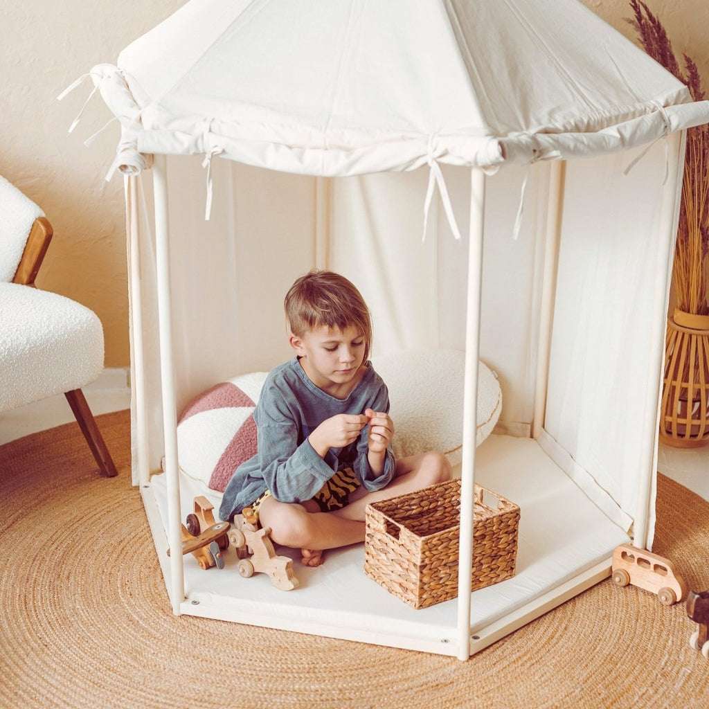 Indoor Pavilion Playhouse Tent - Natural Canvas - Wooden Frame, 120 x 120 cm - Tiny Tugz™