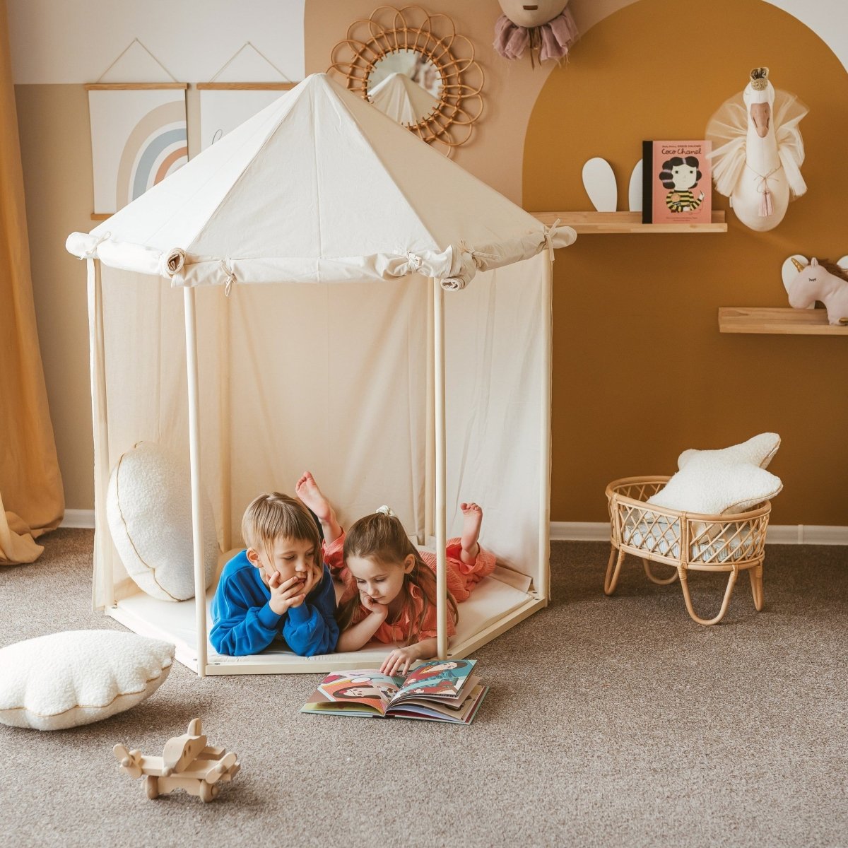 Indoor Pavilion Playhouse Tent - Natural Canvas - Wooden Frame, 120 x 120 cm - Tiny Tugz™