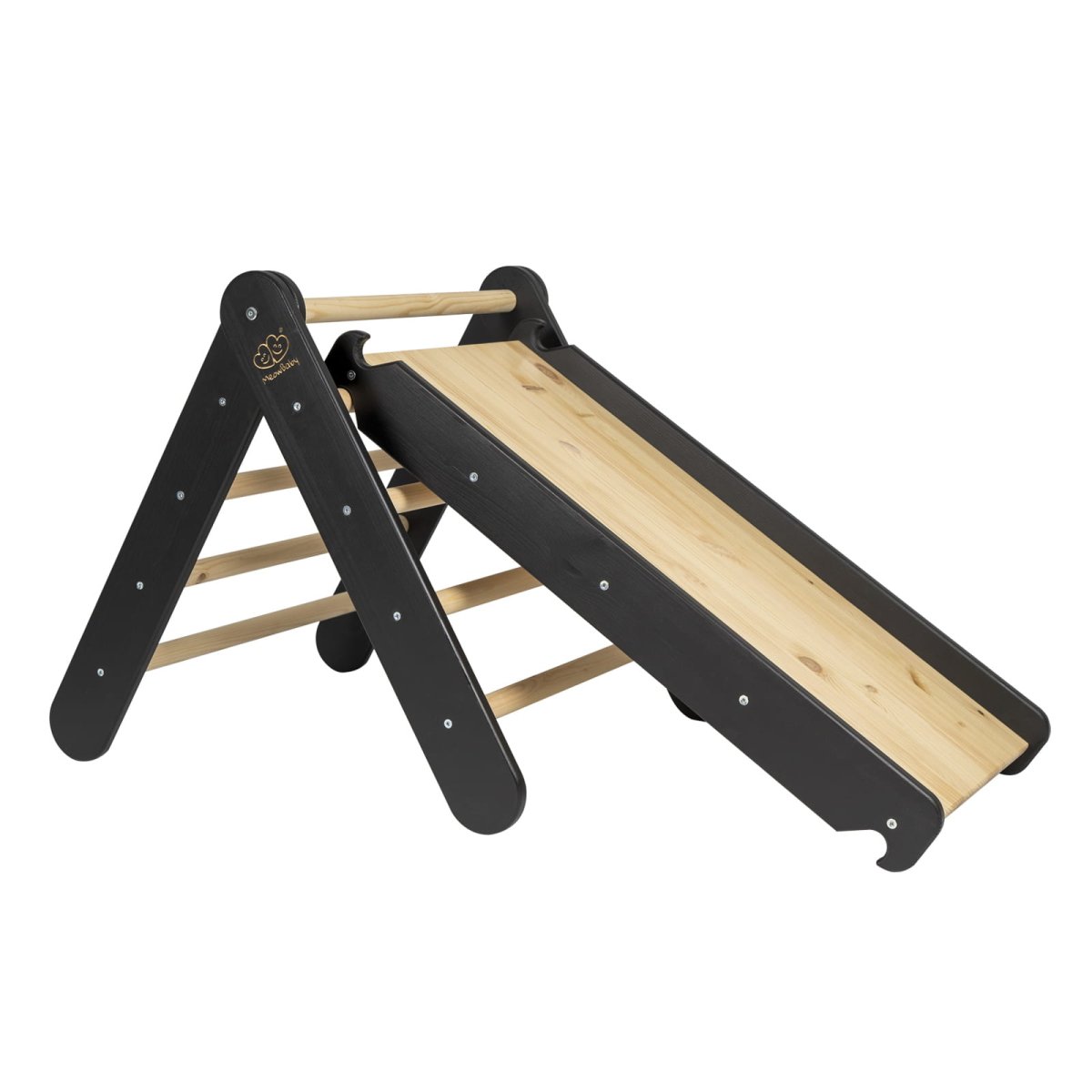 Indoor Wooden Climbing Frame with Slide & Ladder Wall – Montessori 2-in-1 Set (Black) - Tiny Tugz™
