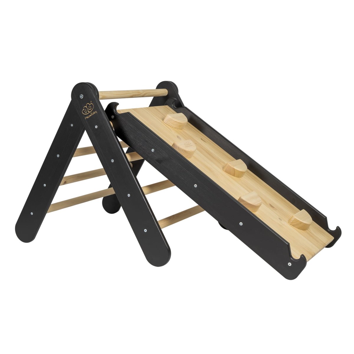 Indoor Wooden Climbing Frame with Slide & Ladder Wall – Montessori 2-in-1 Set (Black) - Tiny Tugz™