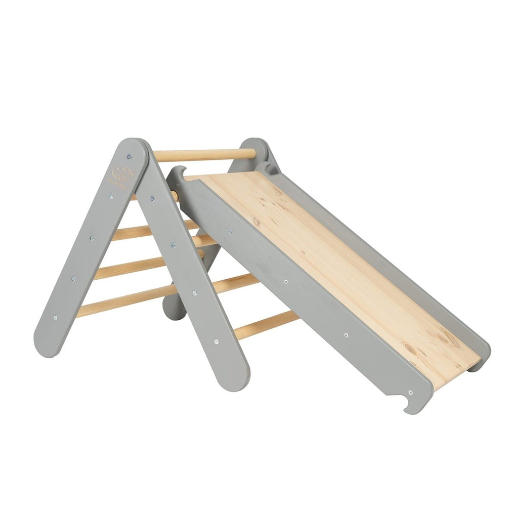 Indoor Wooden Climbing Frame with Slide & Ladder Wall – Montessori 2-in-1 Set (Grey) - Tiny Tugz™