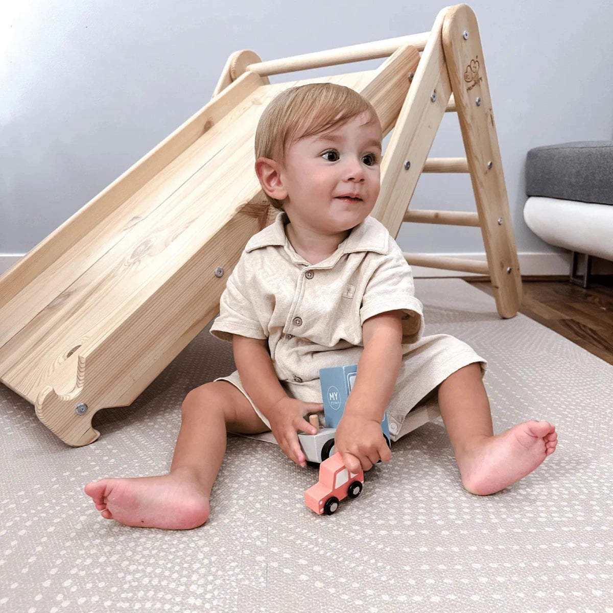Indoor Wooden Climbing Frame with Slide & Ladder Wall – Montessori 2-in-1 Set (White) - Tiny Tugz™