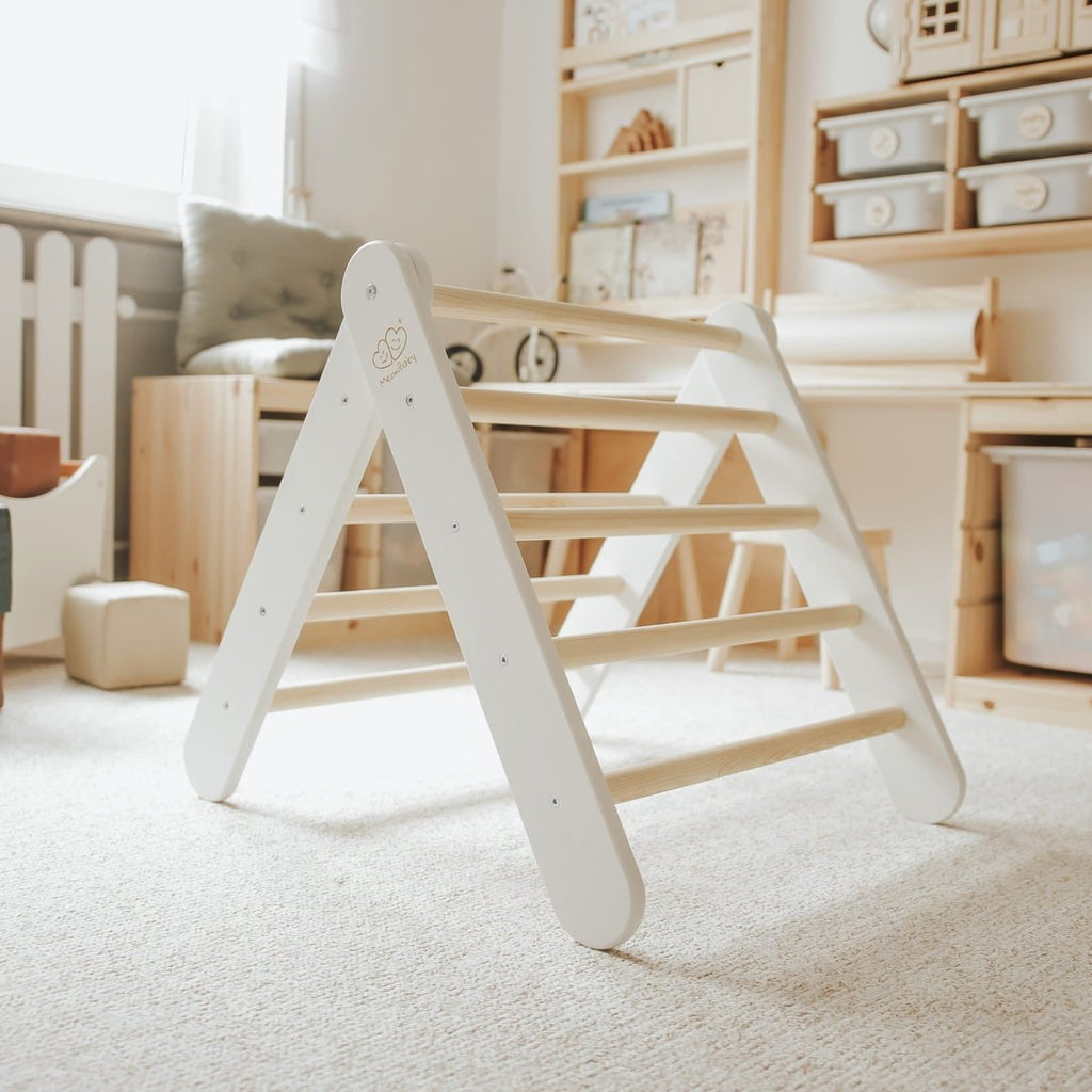 Indoor Wooden Climbing Frame with Slide & Ladder Wall – Montessori 2-in-1 Set (White) - Tiny Tugz™