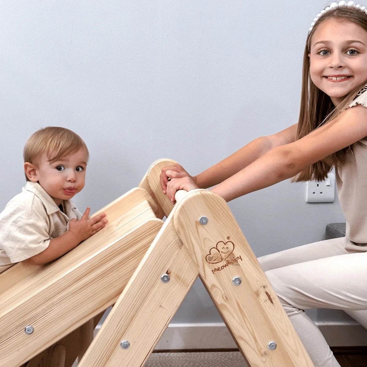 Indoor Wooden Climbing Frame with Slide & Ladder Wall – Montessori 2-in-1 Set (White) - Tiny Tugz™