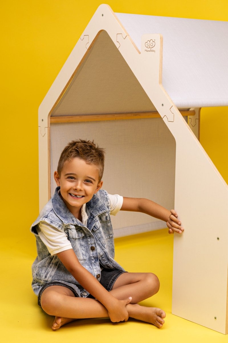 Indoor Wooden Playhouse for Kids (White) with Canopy (Blue) - Tiny Tugz™