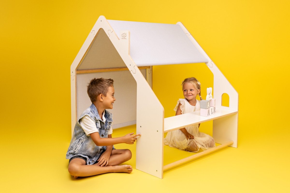 Indoor Wooden Playhouse for Kids (White) with Canopy (Blue) - Tiny Tugz™