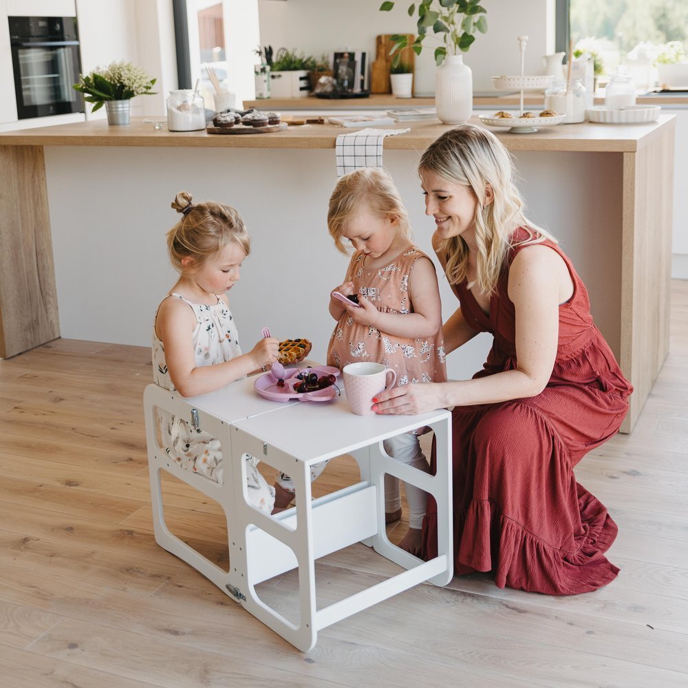 Kids 2-in-1 Convertible Kitchen Tower & Table Set – Montessori Style - Tiny Tugz™