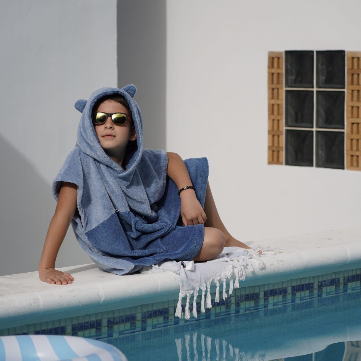 Kids Bamboo & Cotton Blend Poncho (Blue Bear) - Tiny Tugz™