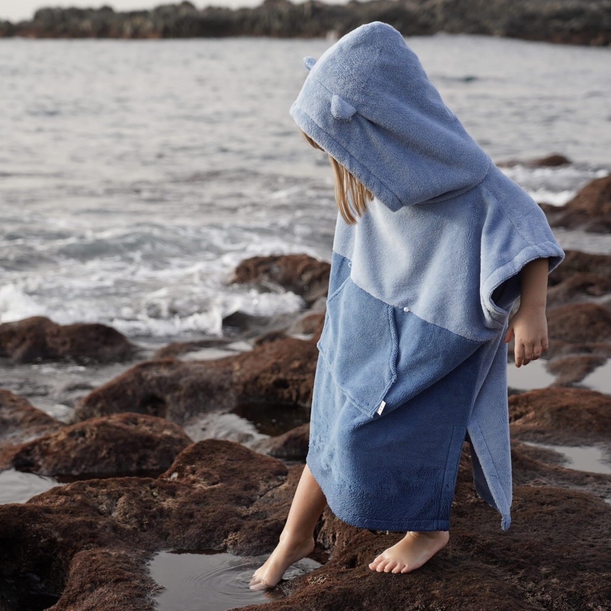 Kids Bamboo & Cotton Blend Poncho (Blue Bear) - Tiny Tugz™
