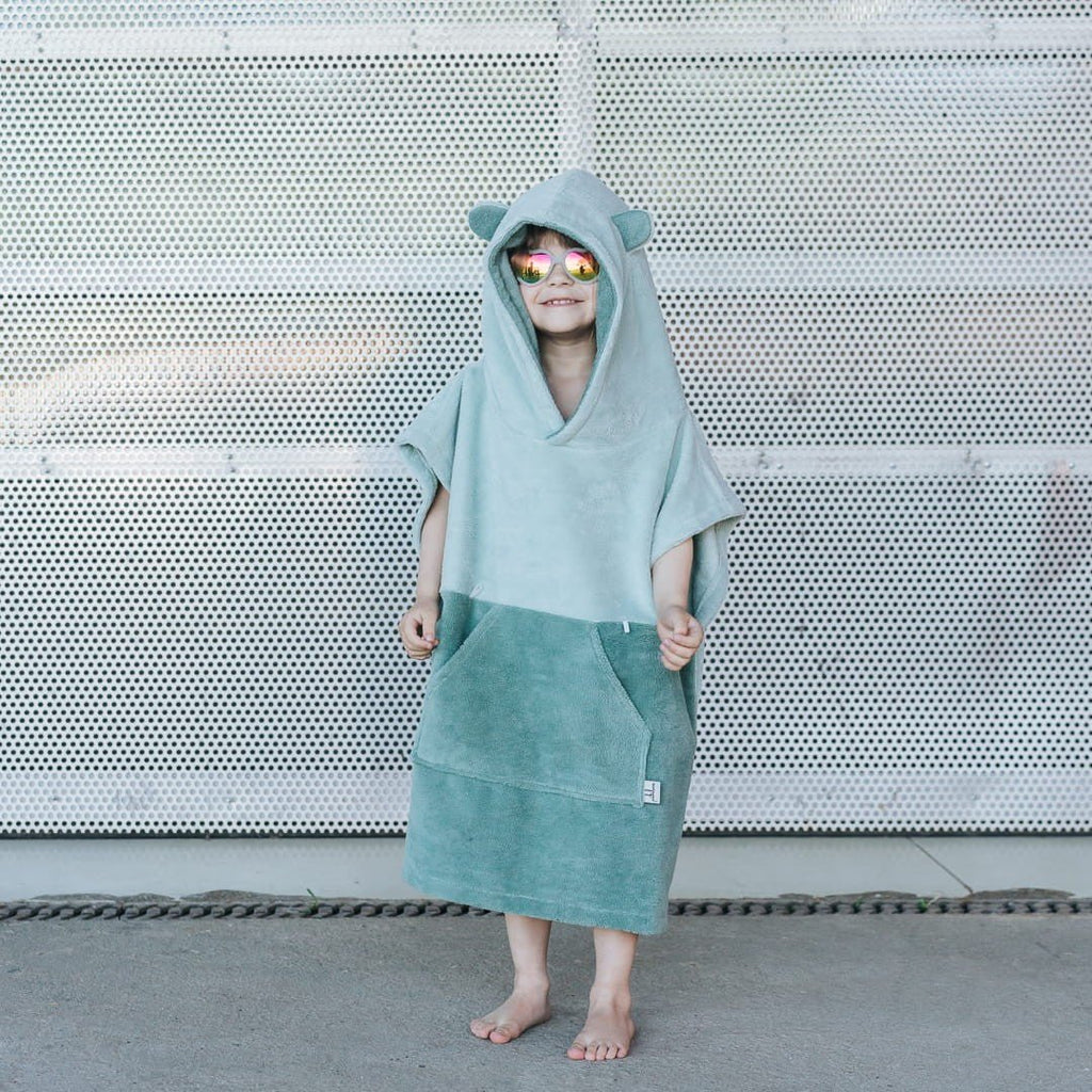 Kids Bamboo & Cotton Blend Poncho (Turquoise Bear) - Tiny Tugz™
