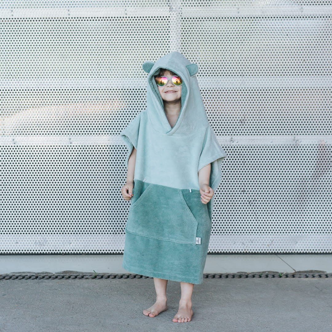 Kids Bamboo & Cotton Blend Poncho (Turquoise Bear) - Tiny Tugz™