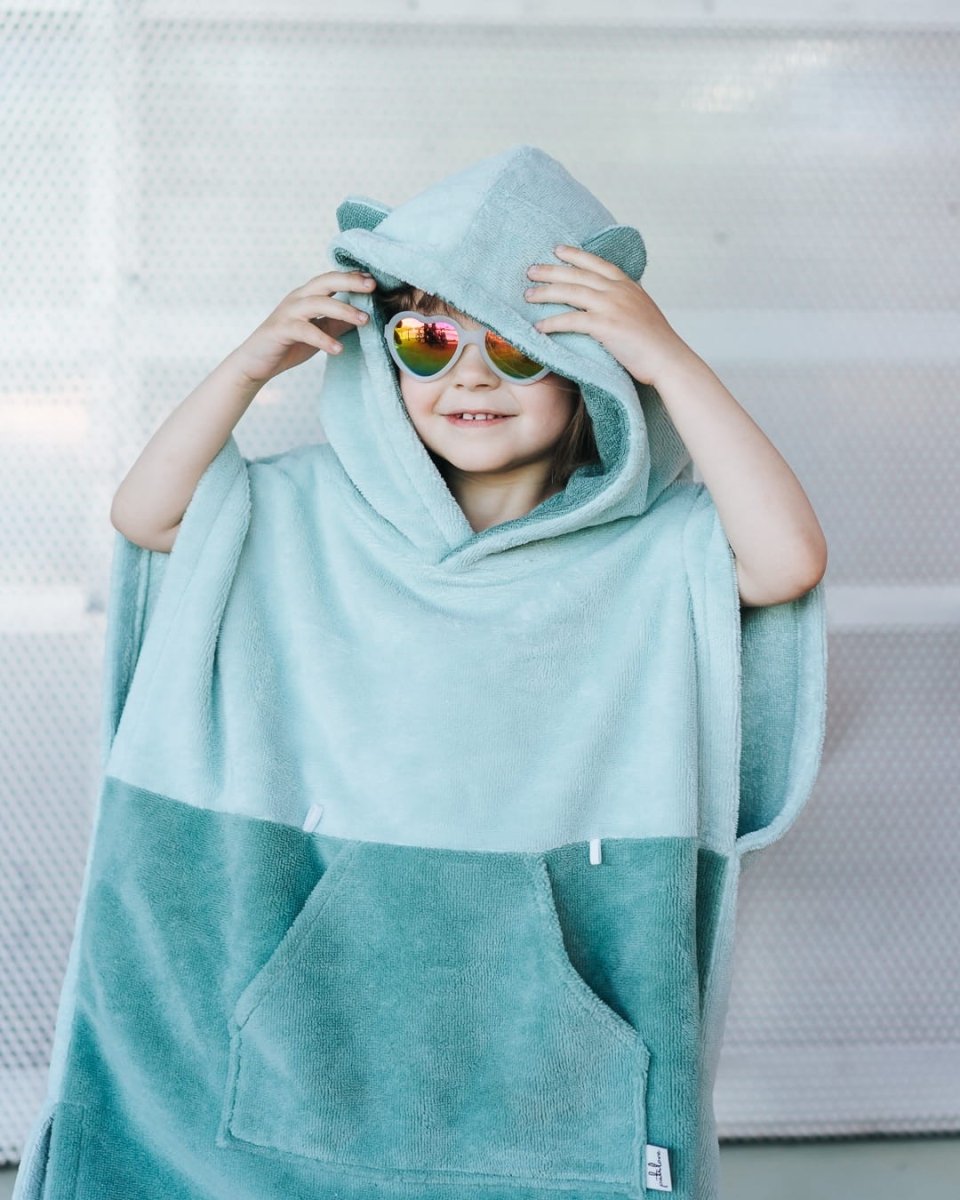 Kids Bamboo & Cotton Blend Poncho (Turquoise Bear) - Tiny Tugz™