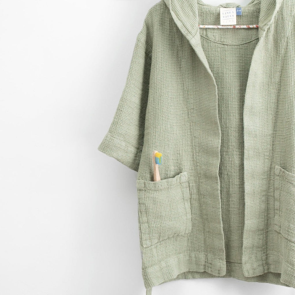 Kids’ Bathrobe (Sage) – 100% Waffle Linen, Handmade - Tiny Tugz™