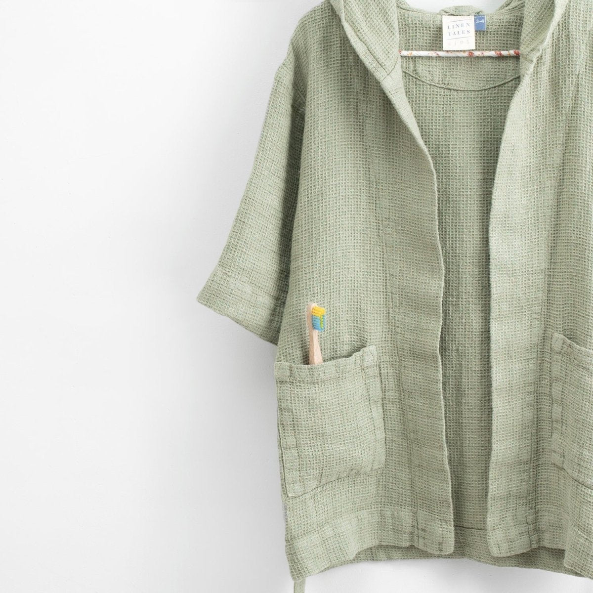Kids’ Bathrobe (Sage) – 100% Waffle Linen, Handmade - Tiny Tugz™