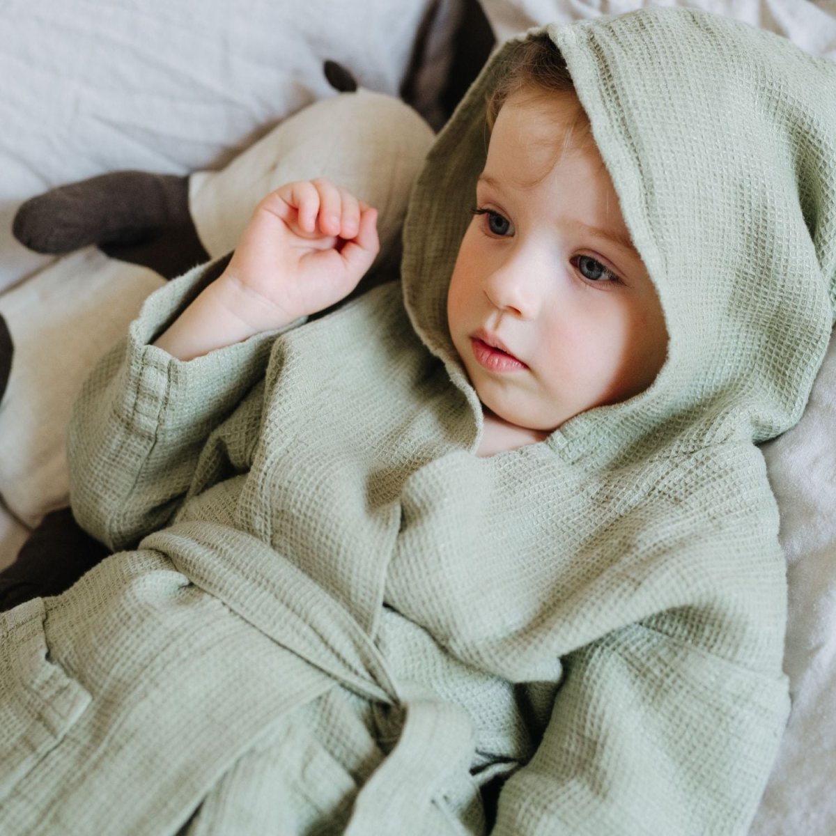 Kids’ Bathrobe (Sage) – 100% Waffle Linen, Handmade - Tiny Tugz™
