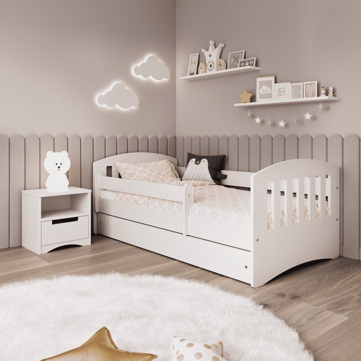 Kids' Bed Classic 1 with Guardrail - Optional Drawer - White - Tiny Tugz™