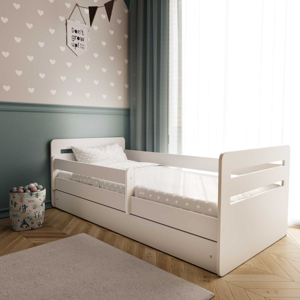 Kids' Bed Tomi with Guardrail - Optional Drawer - White - Tiny Tugz™