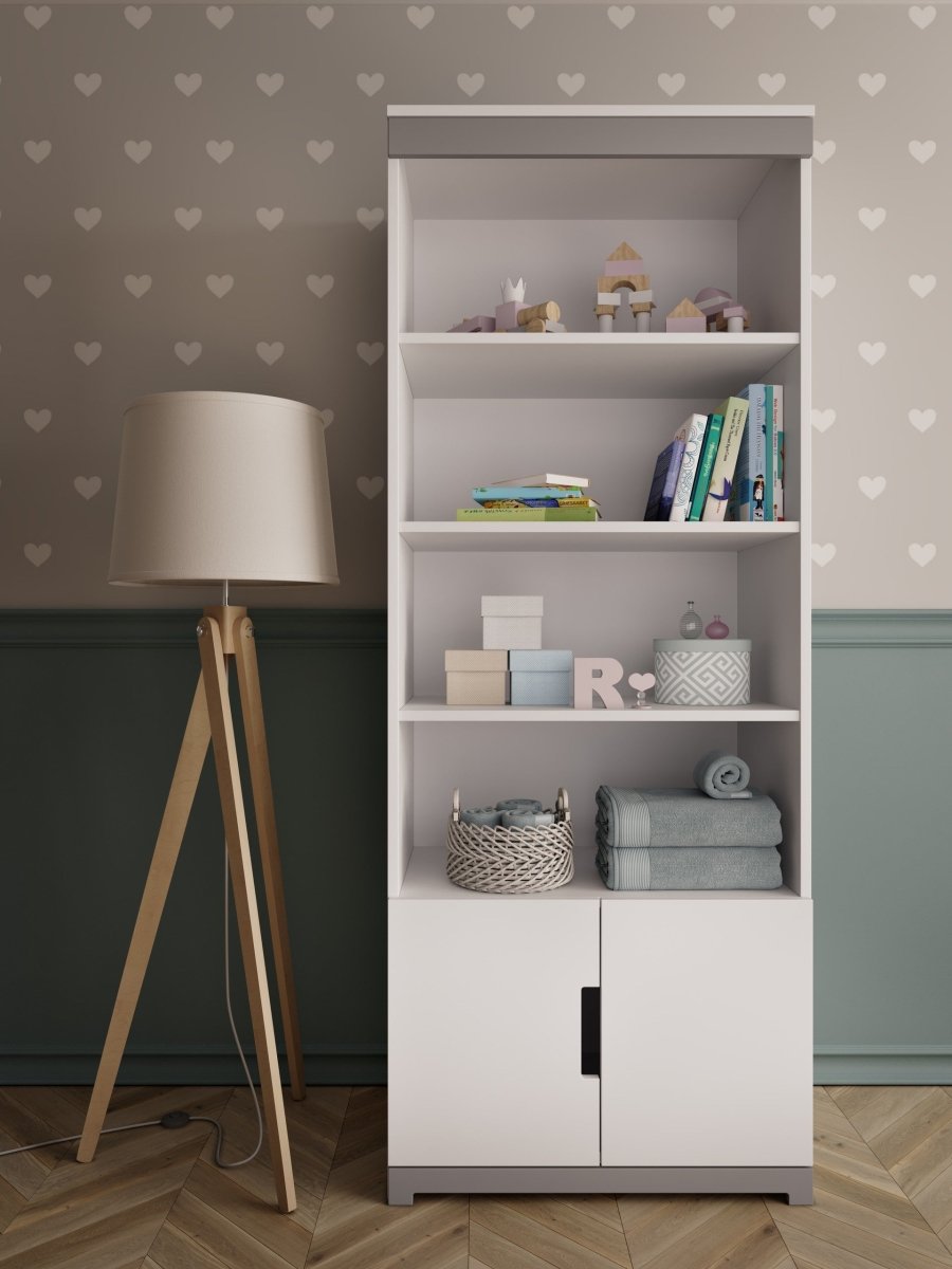 Kids' Bookshelf Tomi - 4 Shelves & Cupboard - White & Grey - Tiny Tugz™
