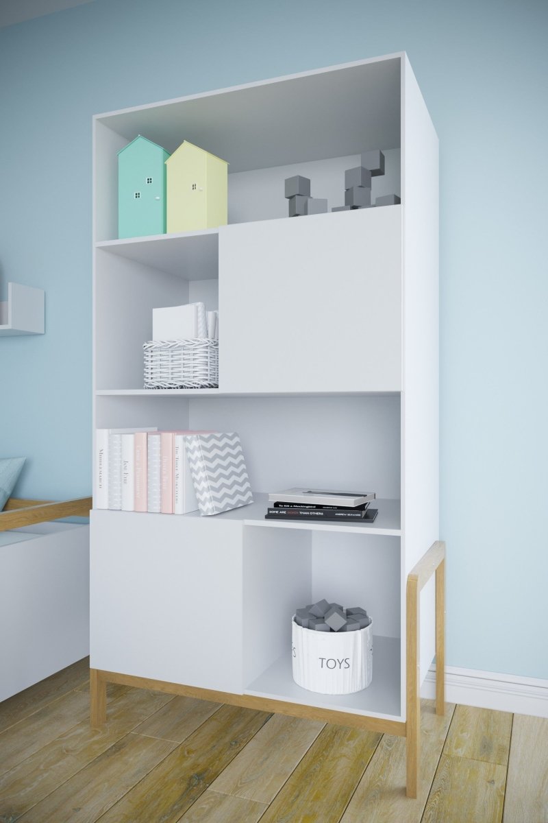 Kids' Bookshelf Victor with Cupboards - White & Solid Oak - Tiny Tugz™