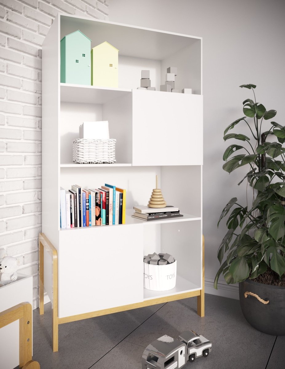 Kids' Bookshelf Victor with Cupboards - White & Solid Oak - Tiny Tugz™
