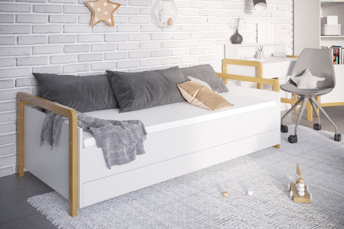 Kids' Daybed Victor with Storage Drawer - White & Solid Oak - Tiny Tugz™