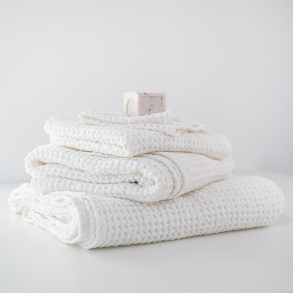 Kids’ Honeycomb Waffle Towel Collection (White) – Linen & Cotton Blend - Tiny Tugz™