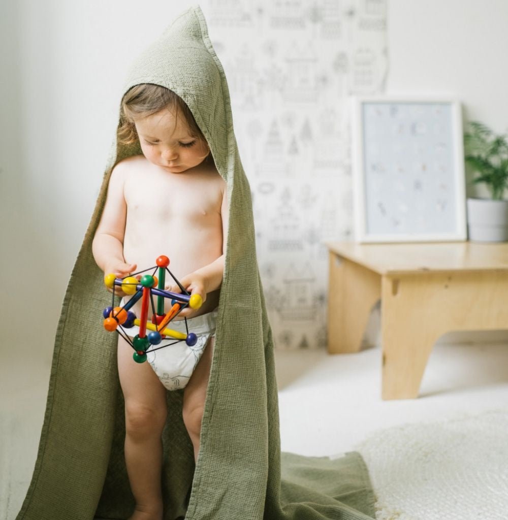 Kids’ Hooded Towel (Sage) – 100% Waffle Linen, Handmade - Tiny Tugz™