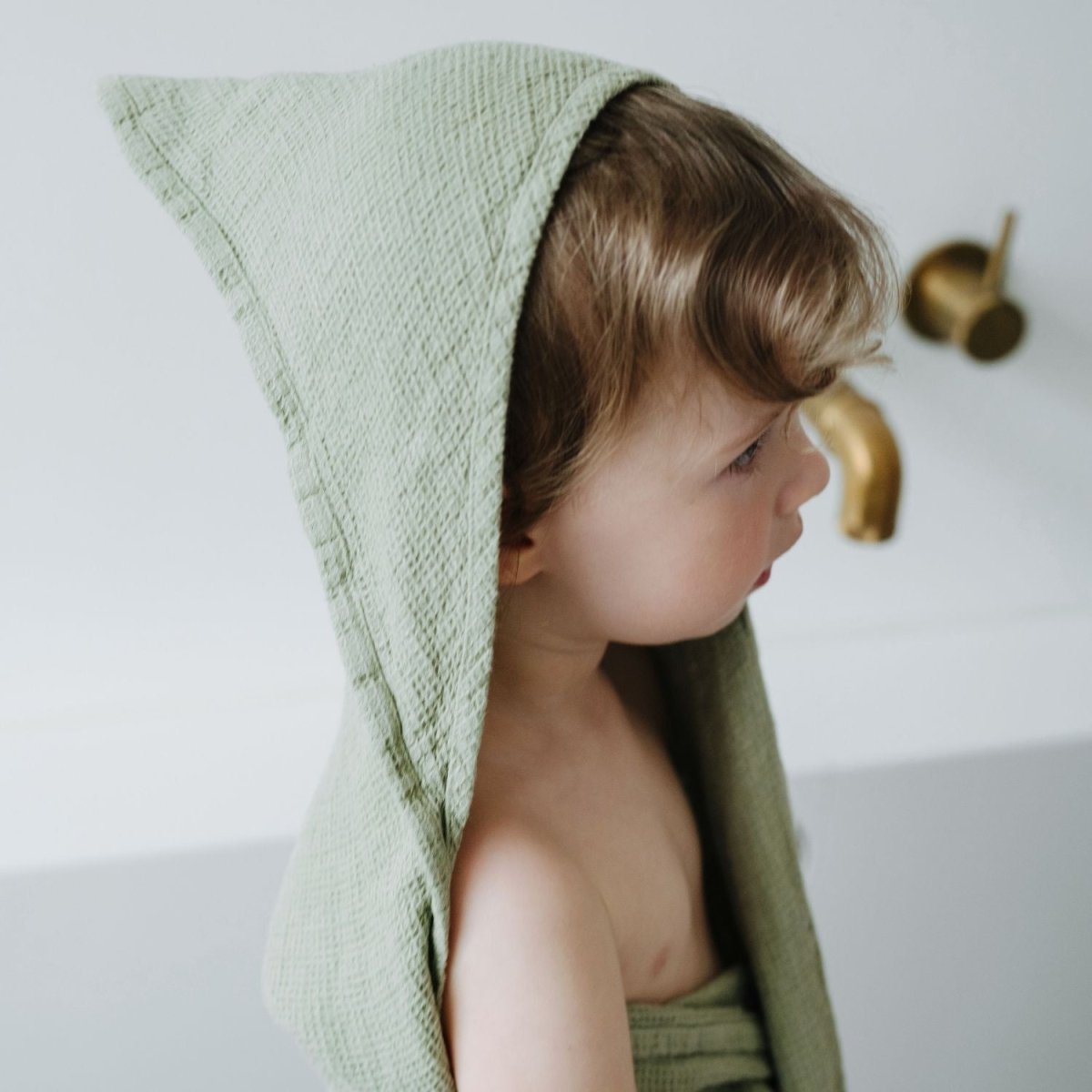 Kids’ Hooded Towel (Sage) – 100% Waffle Linen, Handmade - Tiny Tugz™