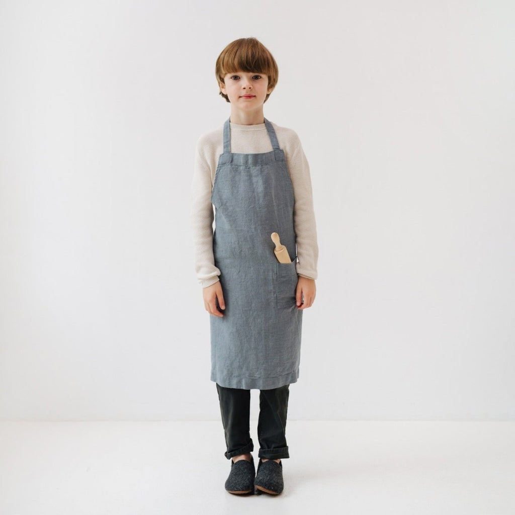 Kids’ Linen Daily Apron (Blue) – 100% Stone-Washed Linen, Handmade - Tiny Tugz™