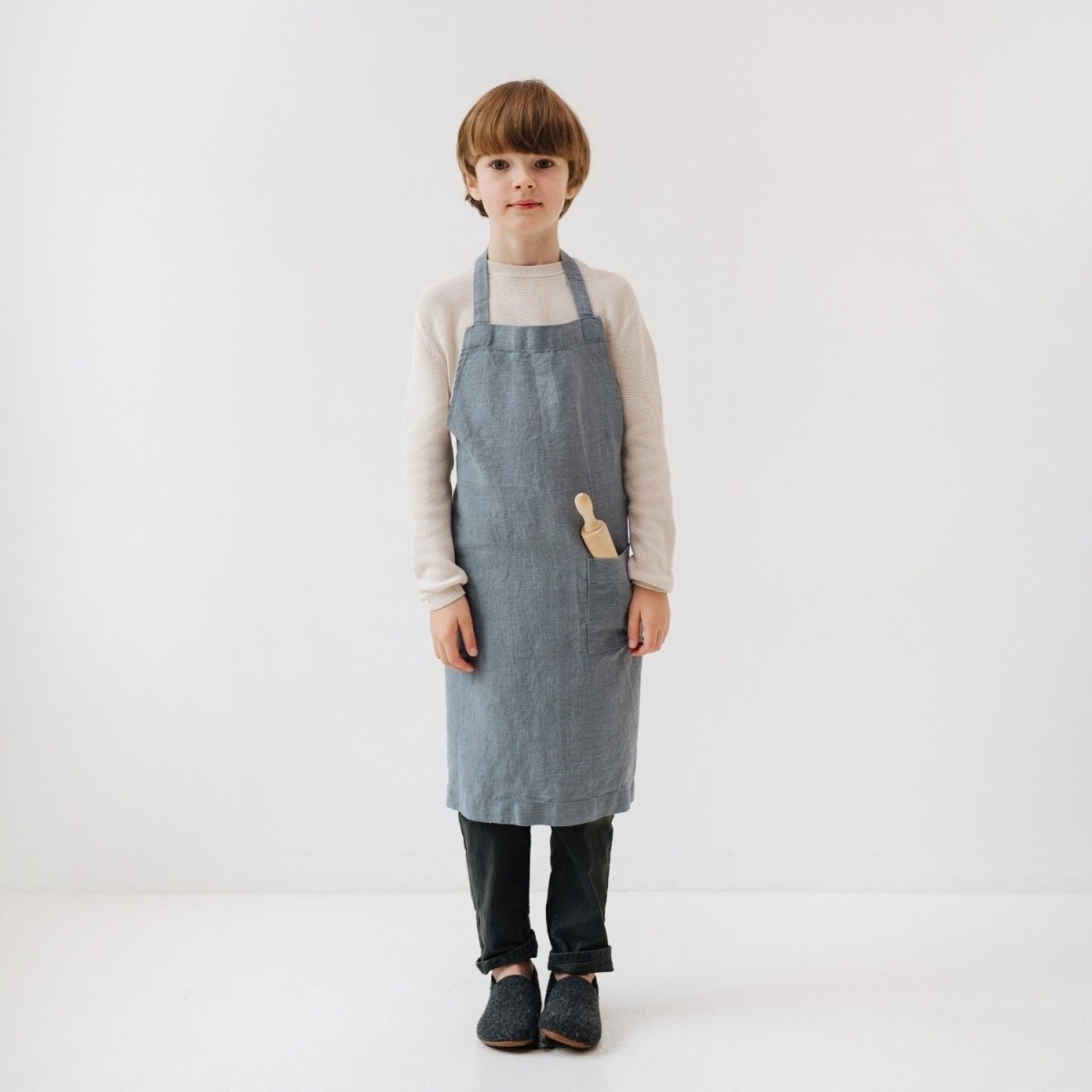 Kids’ Linen Daily Apron (Blue) – 100% Stone-Washed Linen, Handmade - Tiny Tugz™