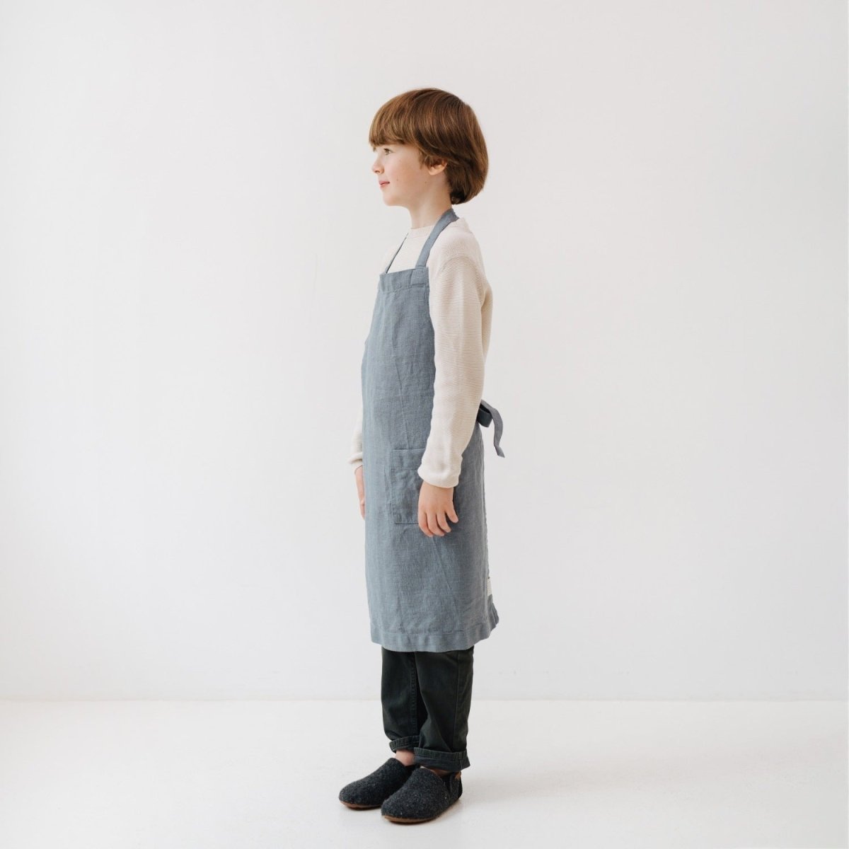 Kids’ Linen Daily Apron (Blue) – 100% Stone-Washed Linen, Handmade - Tiny Tugz™