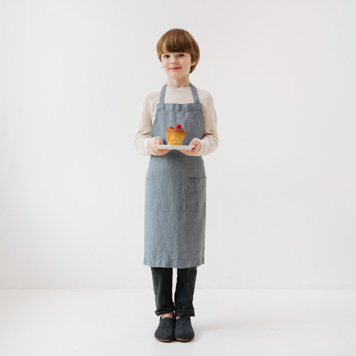 Kids’ Linen Daily Apron (Blue) – 100% Stone-Washed Linen, Handmade - Tiny Tugz™