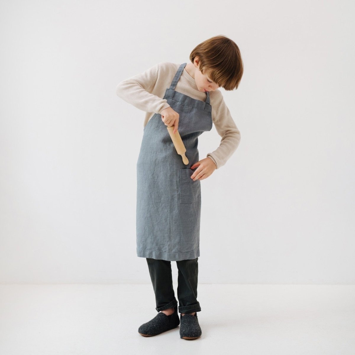 Kids’ Linen Daily Apron (Blue) – 100% Stone-Washed Linen, Handmade - Tiny Tugz™
