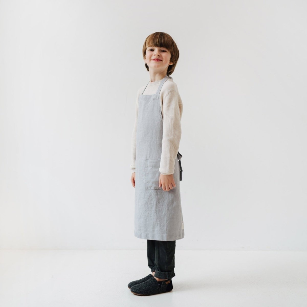 Kids’ Linen Daily Apron (Light Grey) – 100% Stone-Washed Linen, Handmade - Tiny Tugz™