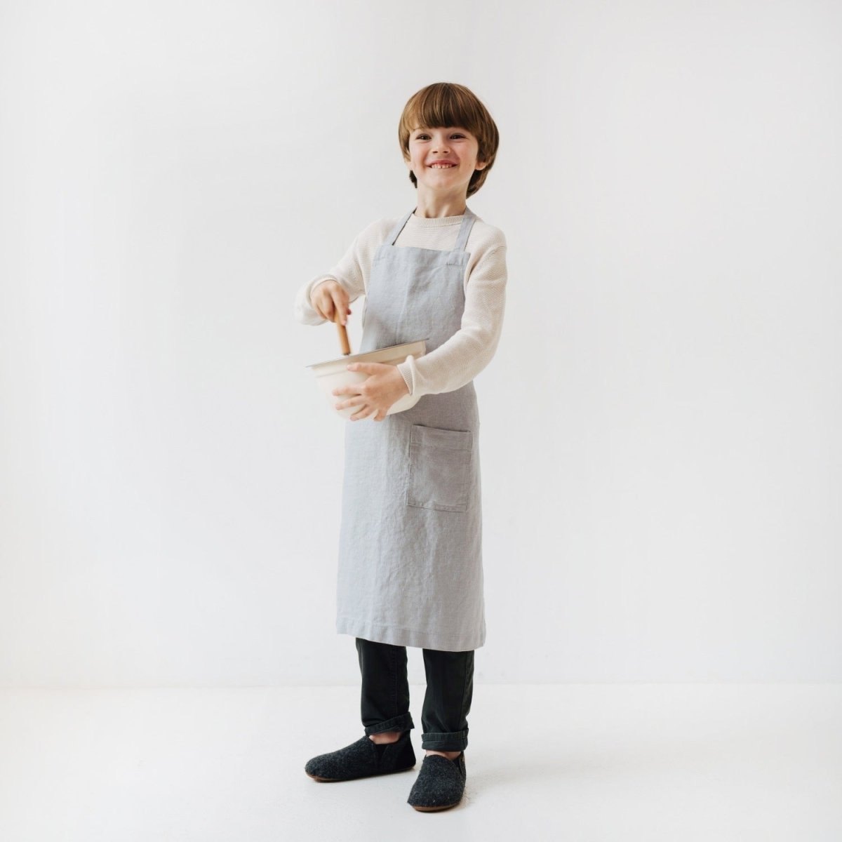 Kids’ Linen Daily Apron (Light Grey) – 100% Stone-Washed Linen, Handmade - Tiny Tugz™