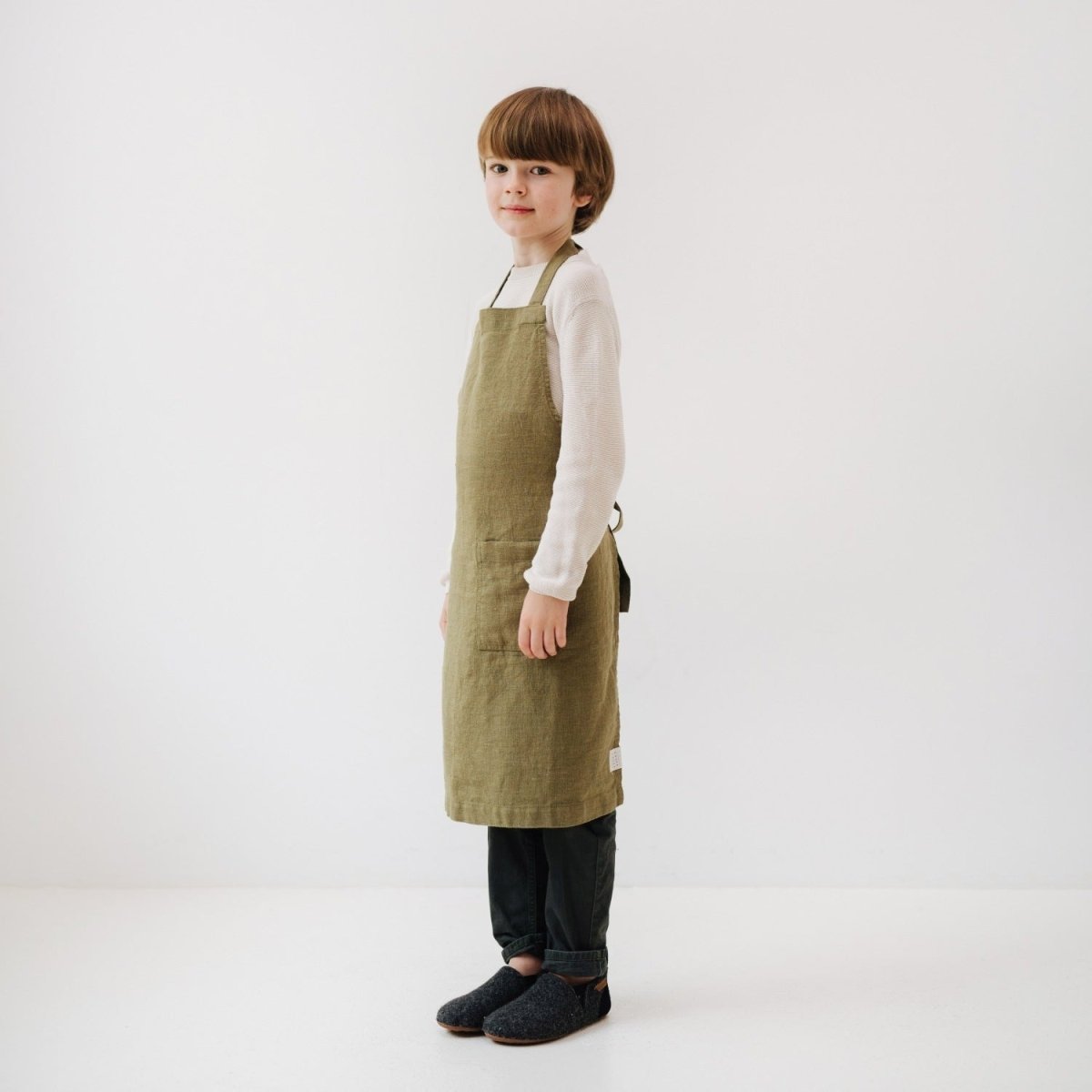 Kids’ Linen Daily Apron (Olive) – 100% Stone-Washed Linen, Handmade - Tiny Tugz™